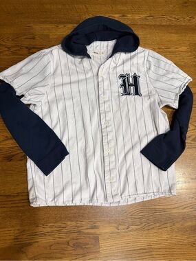 Hollister Mens XL White Pinstripe Hooded Baseball Jersey Button Up Layered
